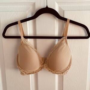 Natori Bra Feathers Plunge Demi Contour T-Shirt Size 34D ( Fits 34C) Tan Lace